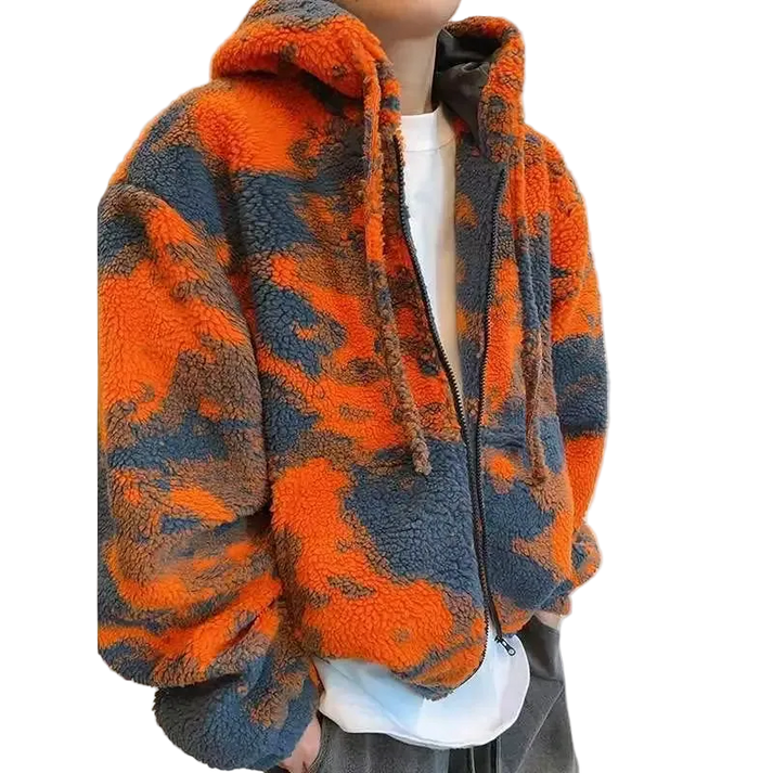 Veste sherpa orange homme portée style street urbain automne hiver
